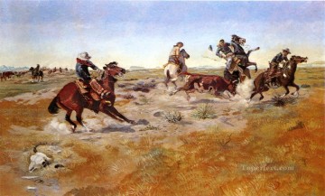 le bassin du judith roundup 1889 Charles Marion Russell Indiens d’Amérique Peinture à l'huile